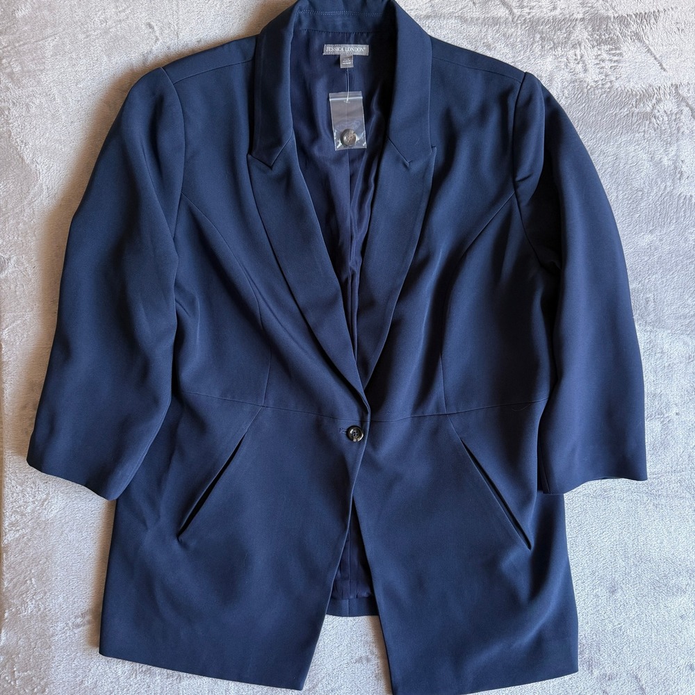 Jessica London‎ Navy Blue 3/4 Sleeve Single Button Blazer Jacket 24W 24-0038-0